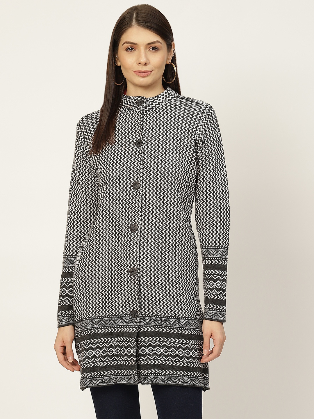 

American Eye Women Charcoal Grey & White Chevron Printed Longline Cardigan