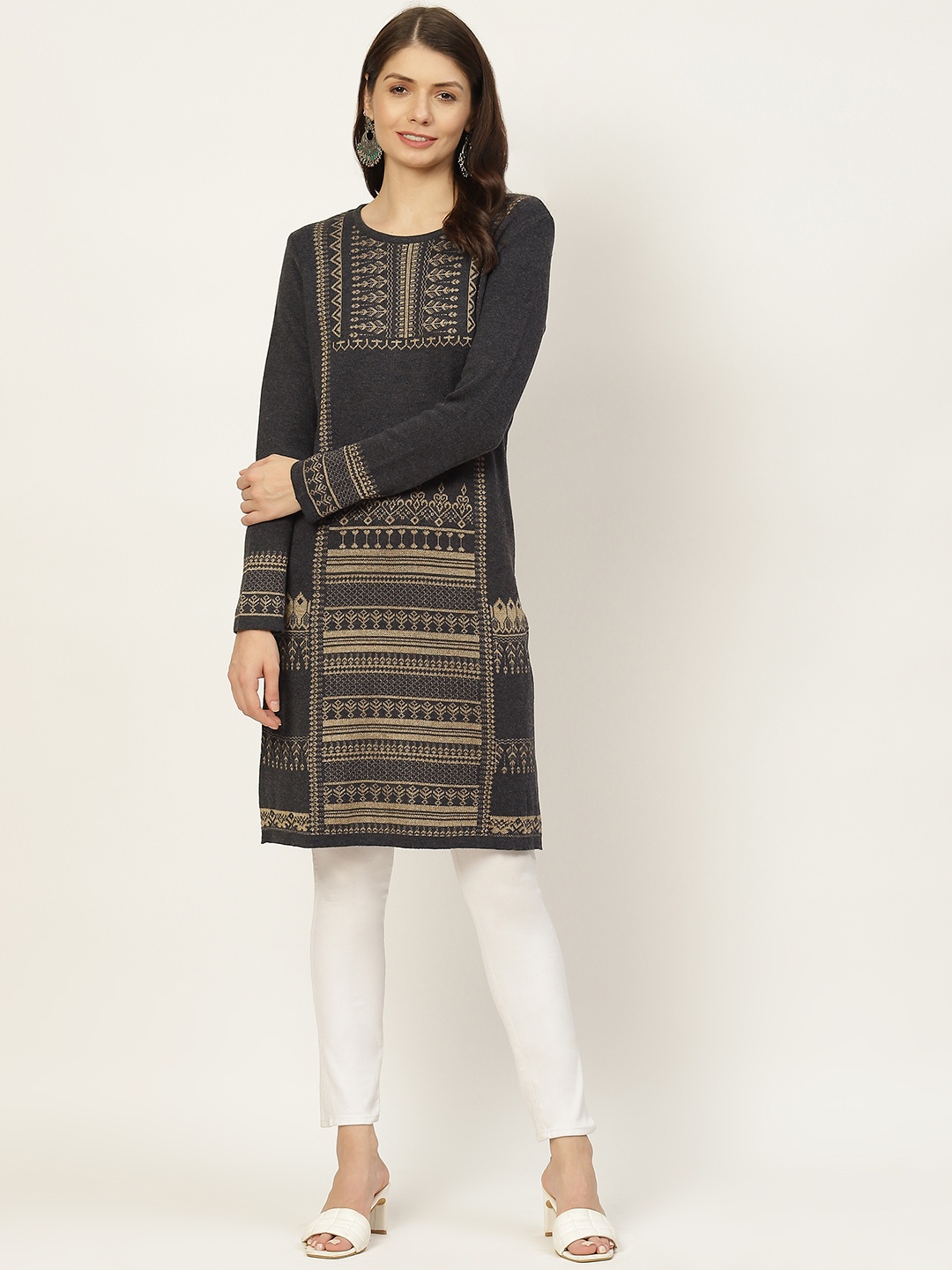 

American Eye Women Charcoal Grey & Golden Ethnic Motifs Self Design Winter Kurta