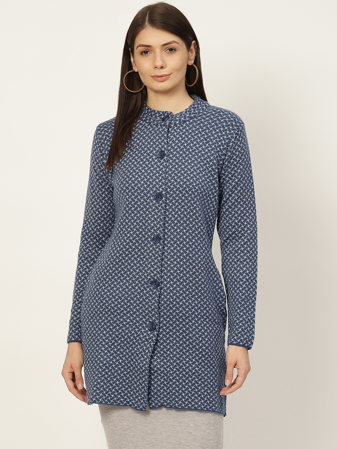 

American Eye Women Blue & Grey Geometric Self Design Longline Cardigan
