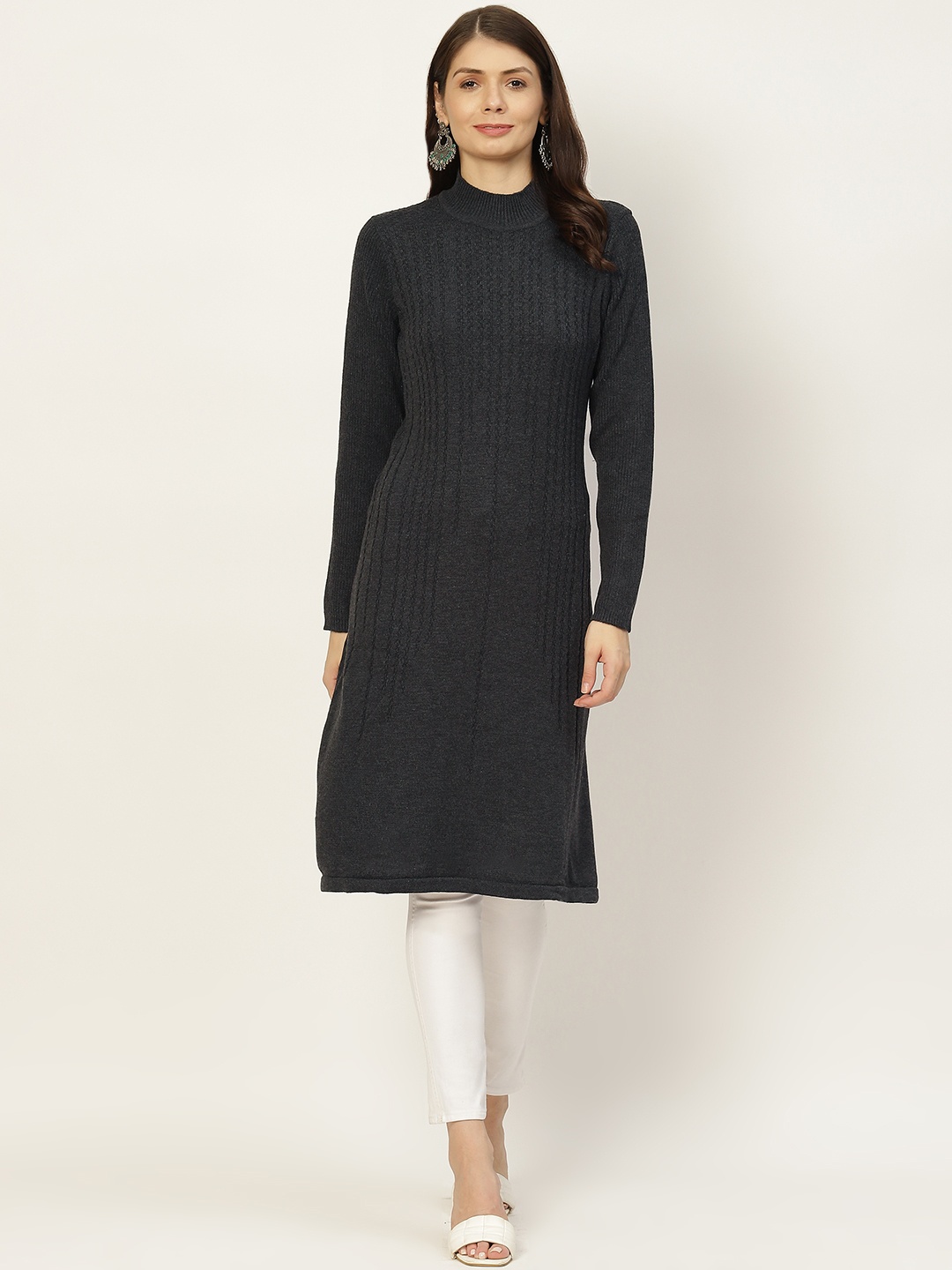 

American Eye Women Charcoal Self Design Winter Kurta