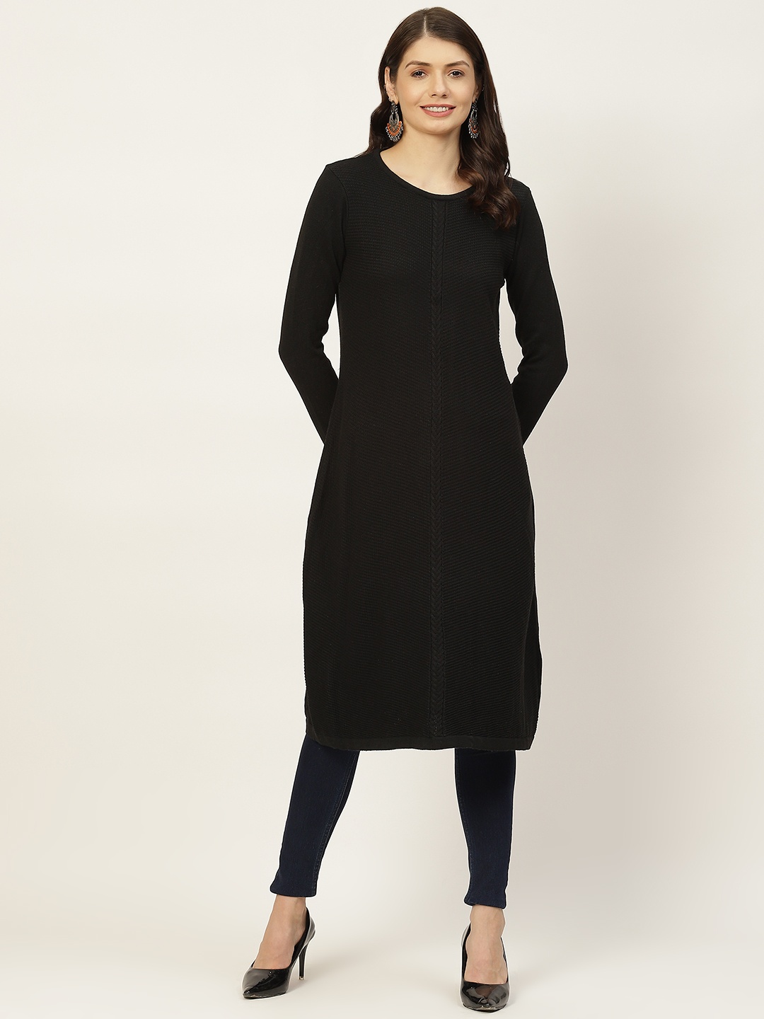 

American Eye Women Black Self Design Winter Kurta