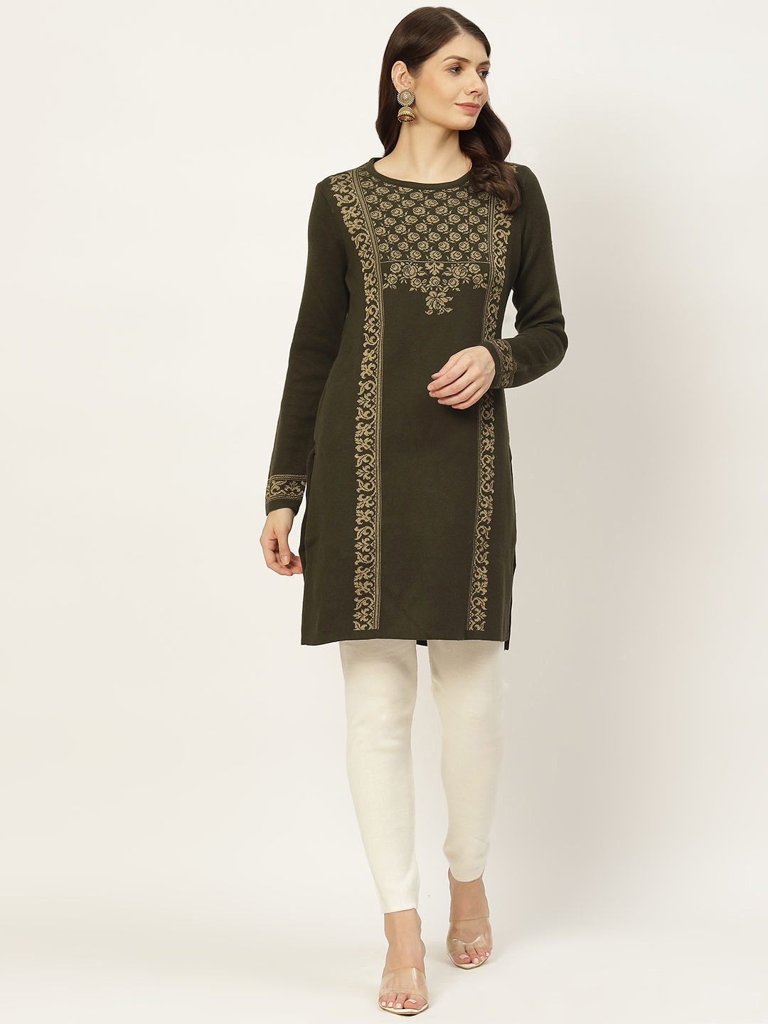 

American Eye Women Olive Green & Golden Ethnic Motifs Self Design Winter Kurta