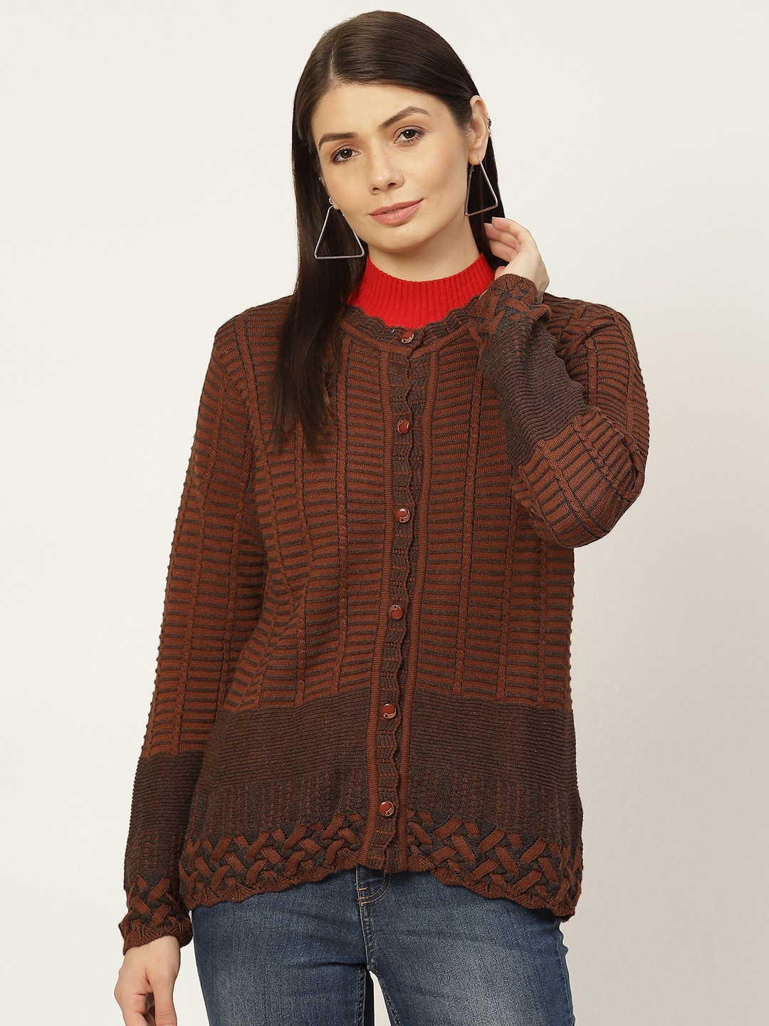 

American Eye Women Rust Brown Self-Striped Cardigan