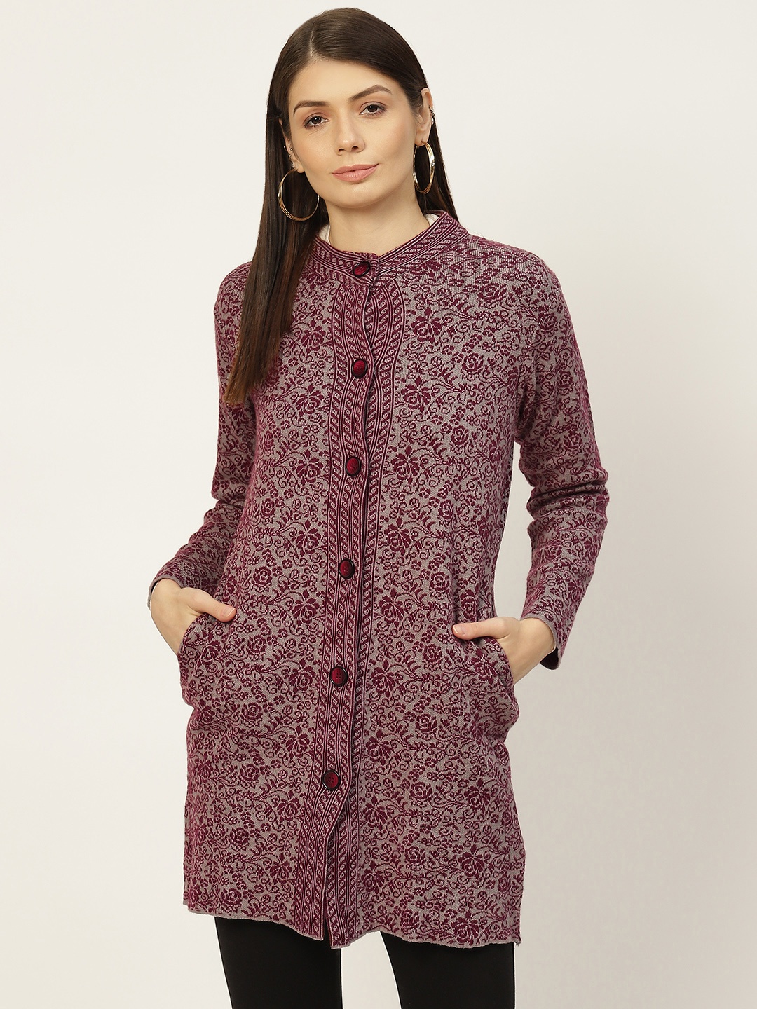 

American Eye Women Maroon & Grey Printed Longline Cardigan