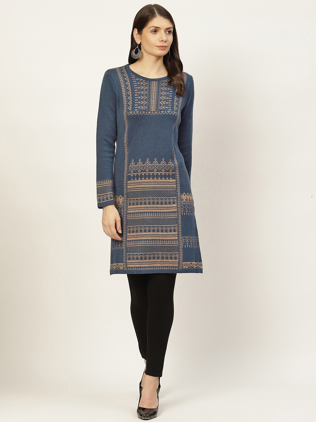 

American Eye Women Navy Blue & Golden Ethnic Motifs Printed Kurta