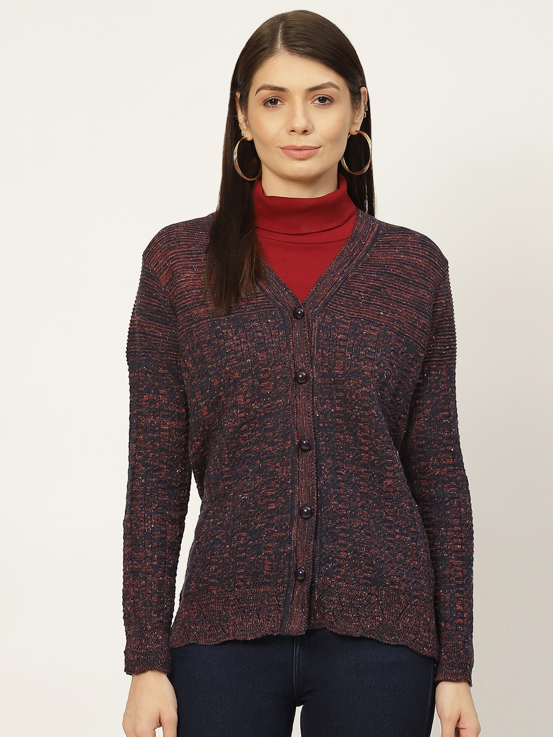 

American Eye Women Navy Blue & Maroon Cable Knit Cardigan