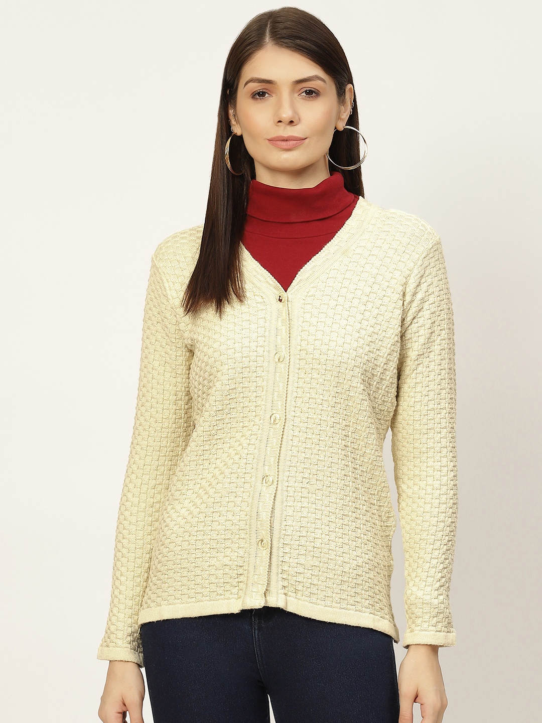 

American Eye Women Cream-Coloured Cable Knit Cardigan