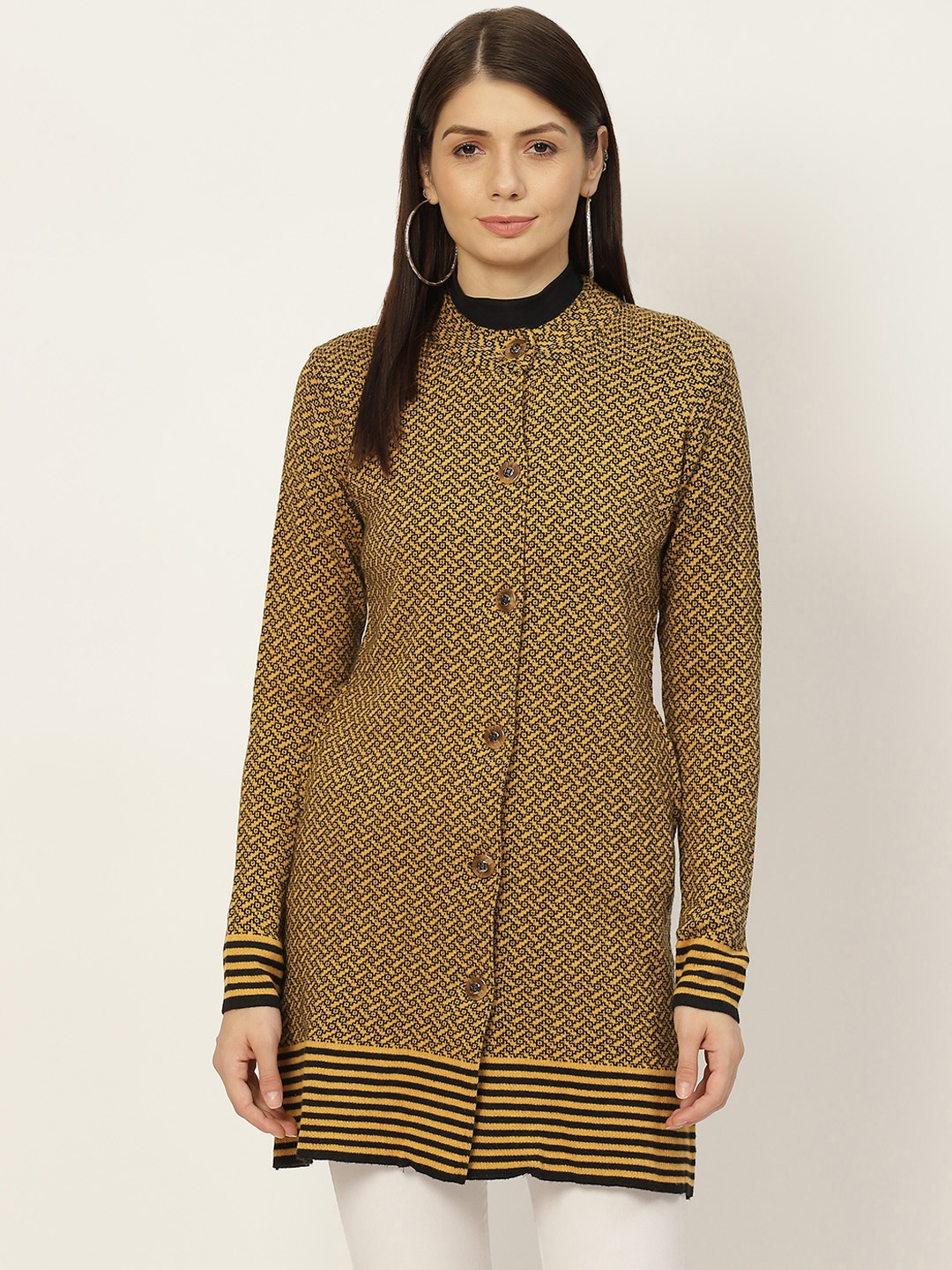 

American Eye Women Mustard & Black Printed Longline Cardigan