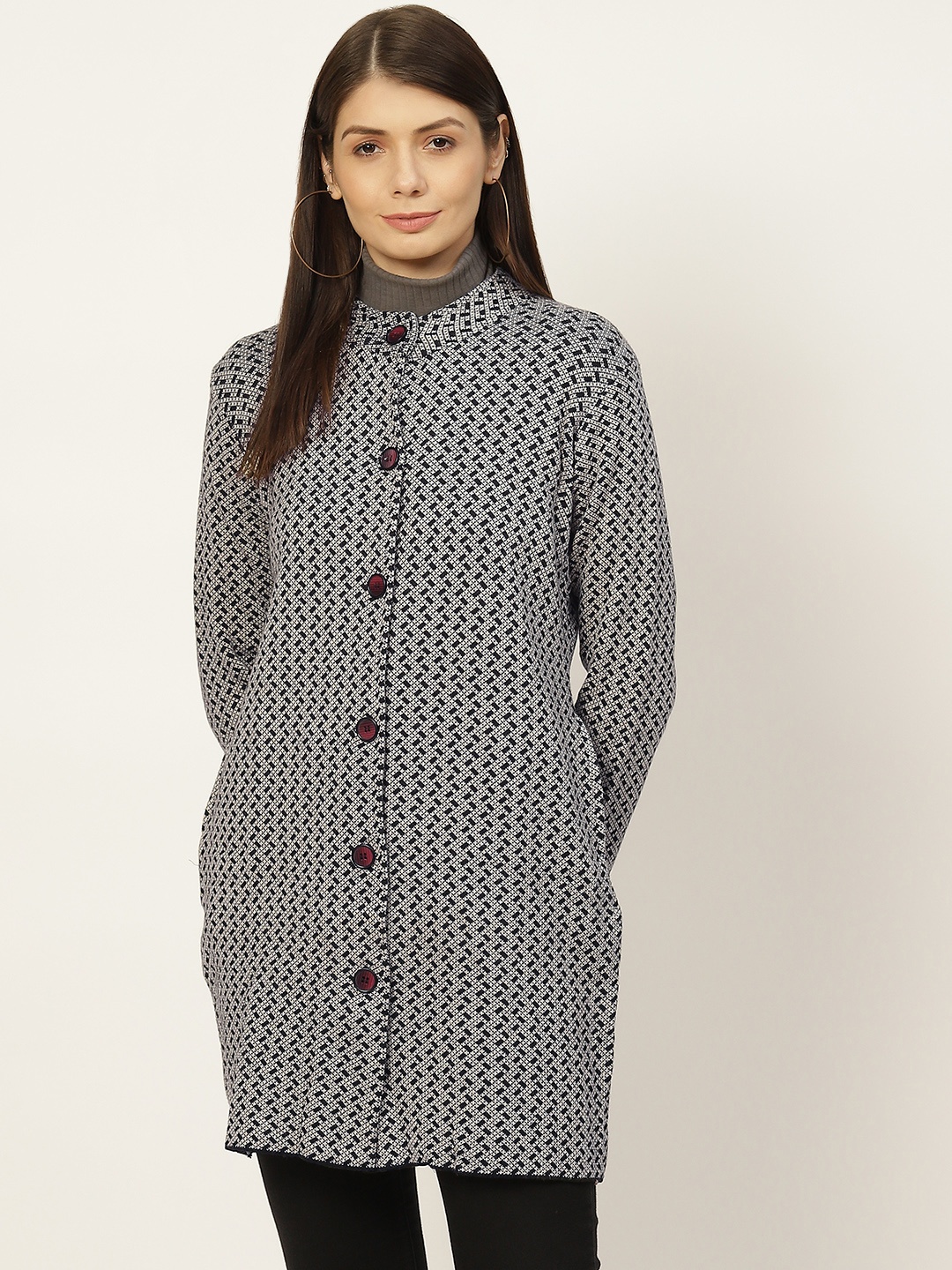 

American Eye Women Black & Grey Geometric Design Cardigan