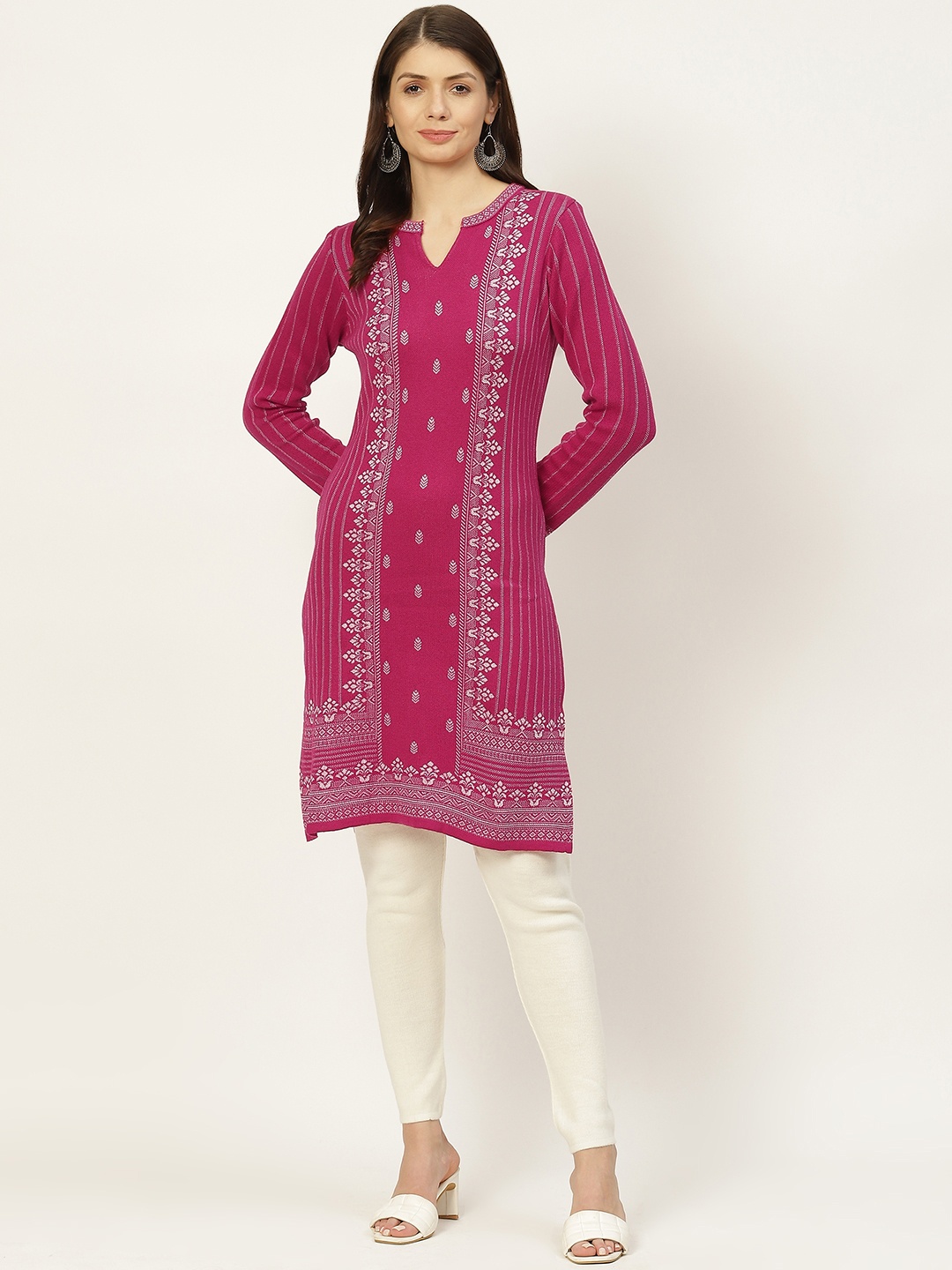 

American Eye Women Pink & Grey Ethnic Motifs Printed Woollen Kurta