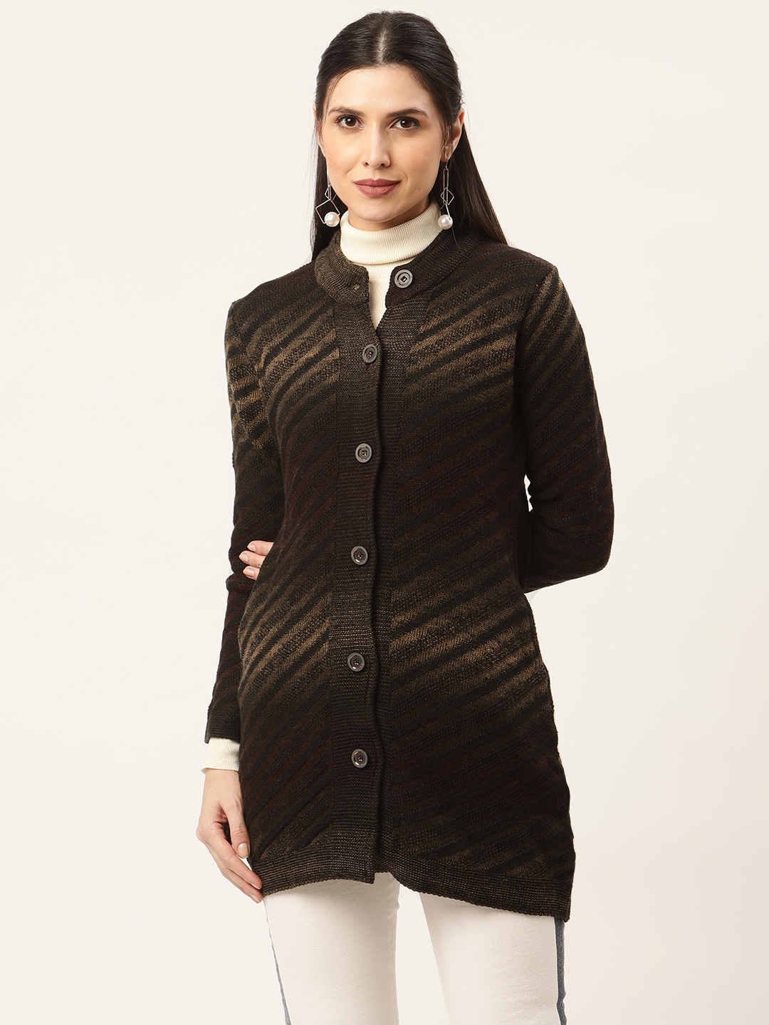 

American Eye Women Coffee Brown & Beige Striped Longline Cardigan