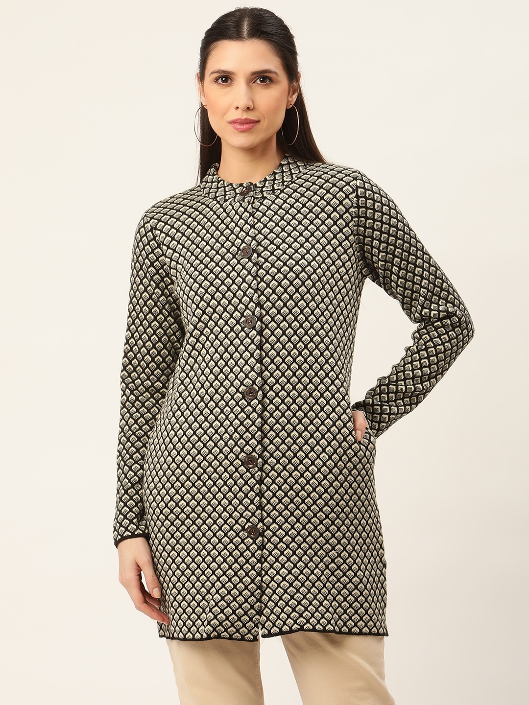 

American Eye Women Black & White Cubical Design Longline Cardigan