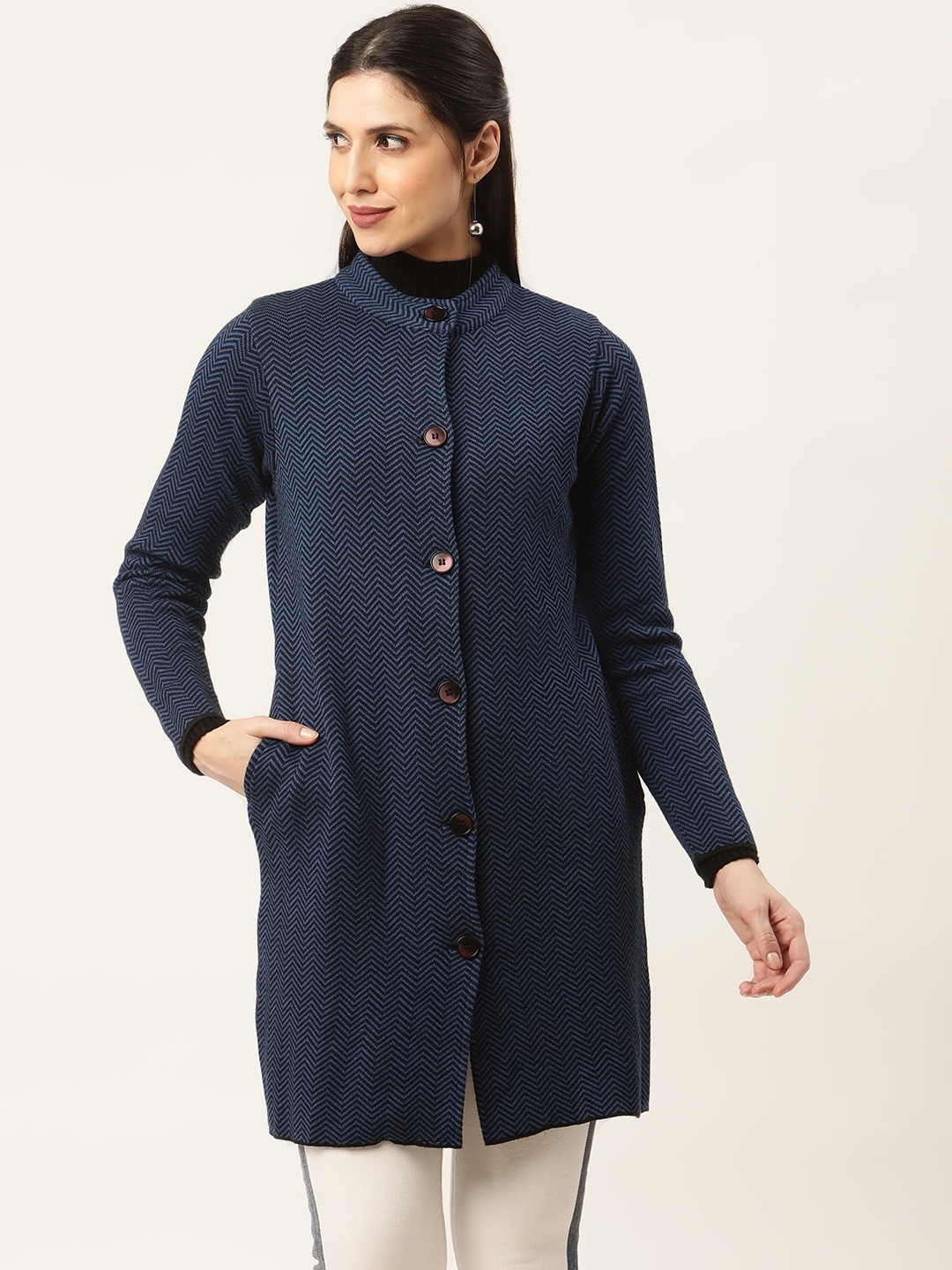 

American Eye Women Navy Blue Zig-Zag Striped Longline Cardigan