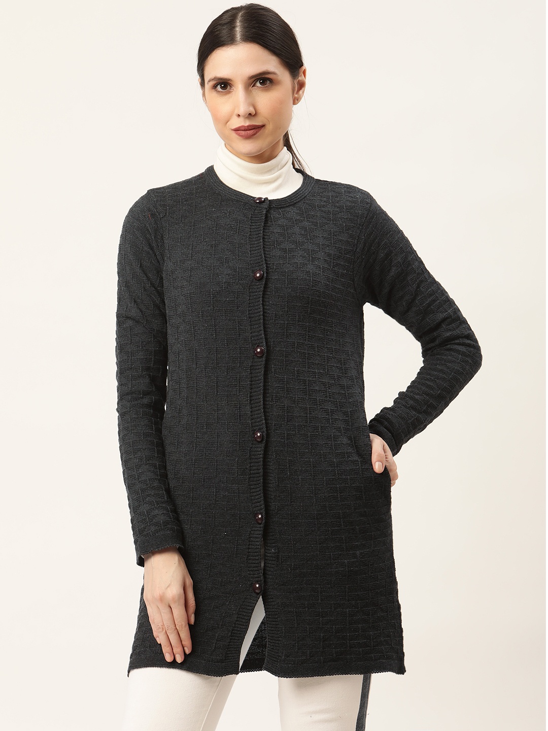 

American Eye Women Charcoal Grey Self-Checked Longline Cardigan