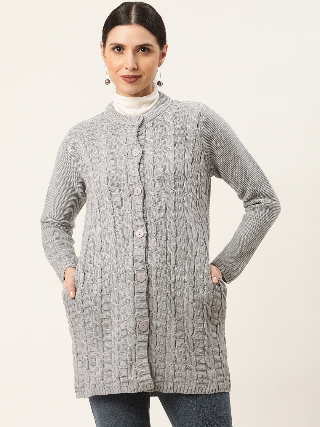 

American Eye Women Grey Self-Striped Longline Cardigan