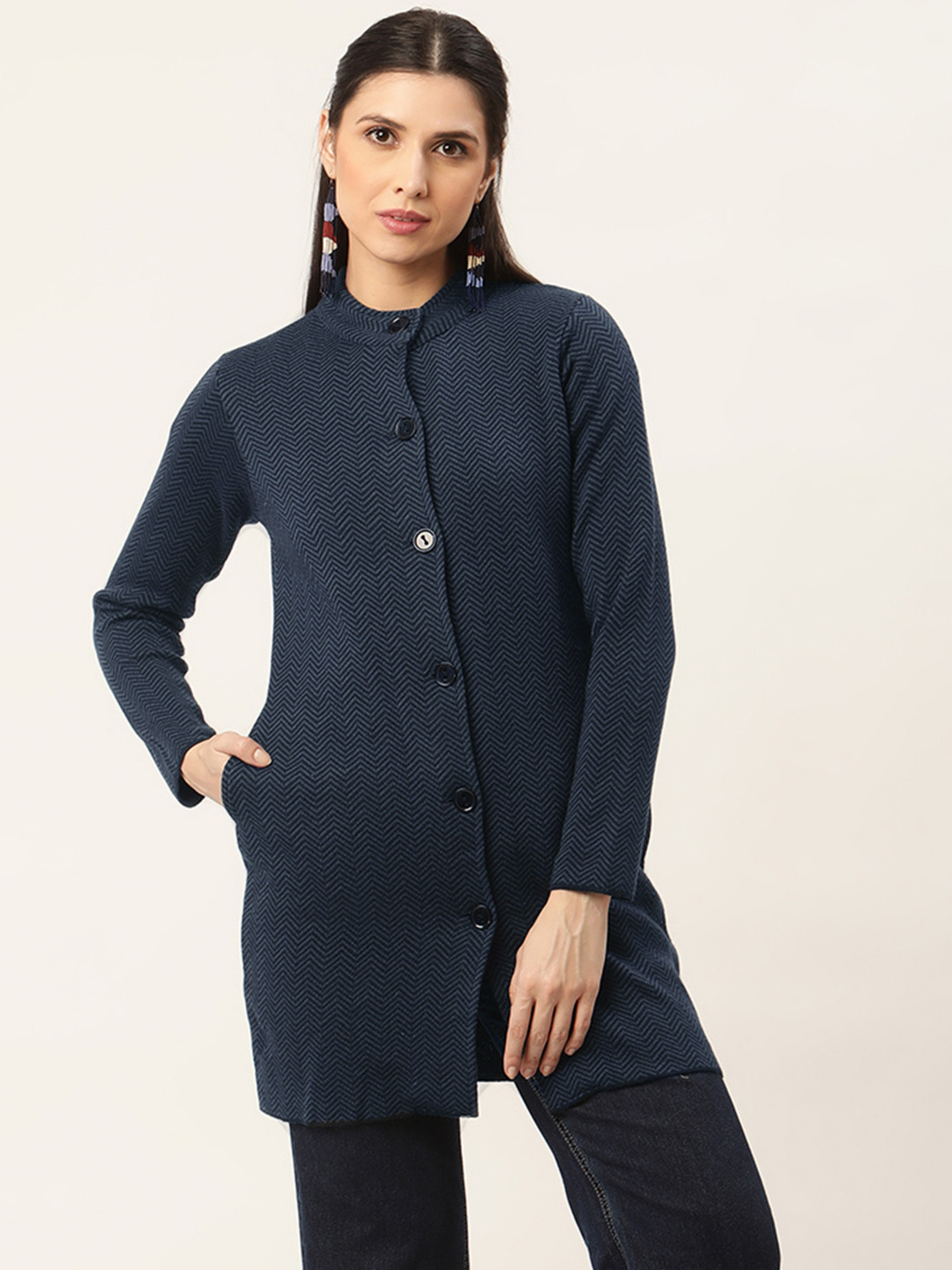 

American Eye Women Navy Blue & Black Chevron Longline Cardigan