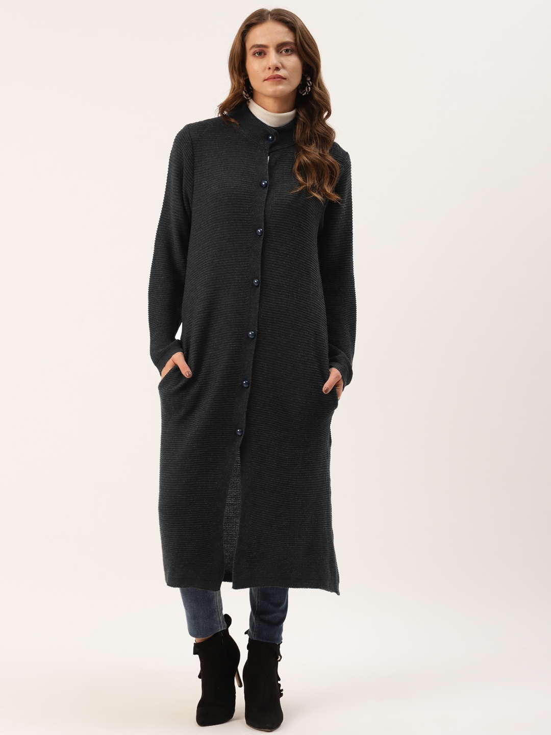 

American Eye Women Charcoal Grey Ribbed Longline Cardigan