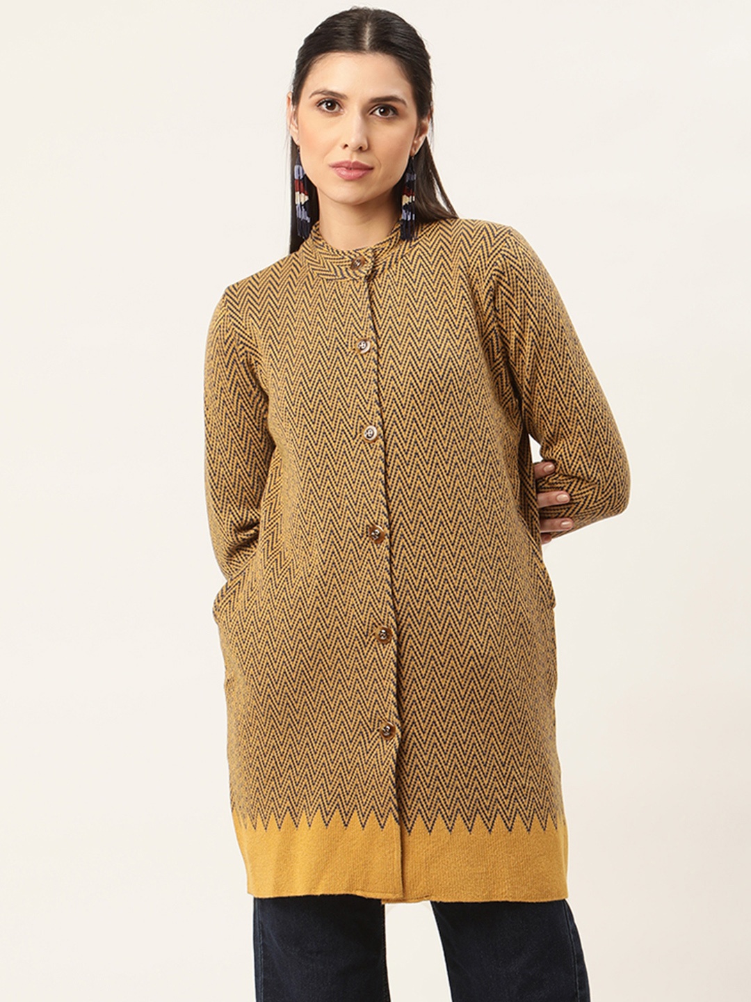 

American Eye Women Mustard & Black Chevron Striped Longline Cardigan