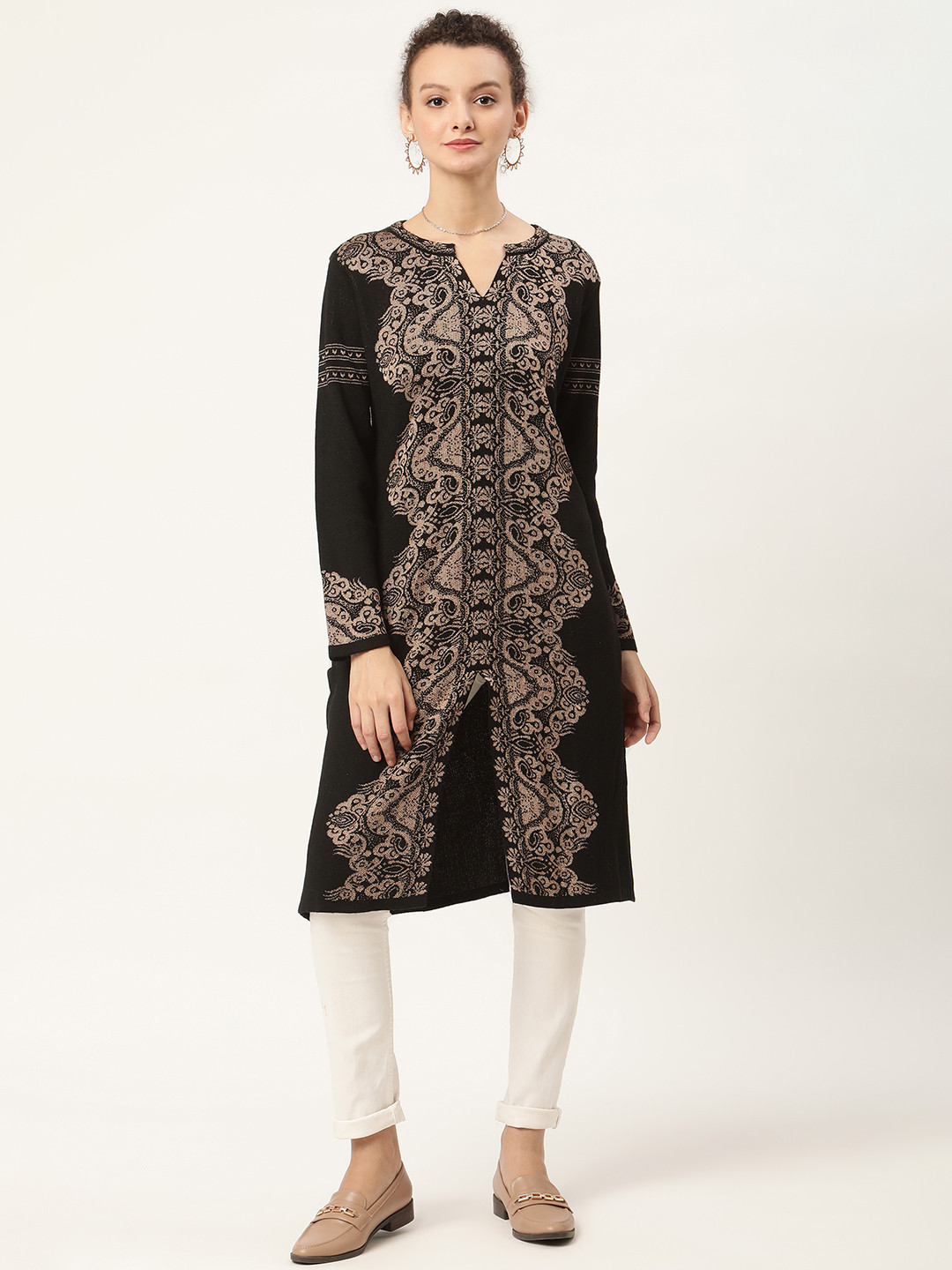 

American Eye Women Black & Golden Ethnic Motifs Printed Kurta