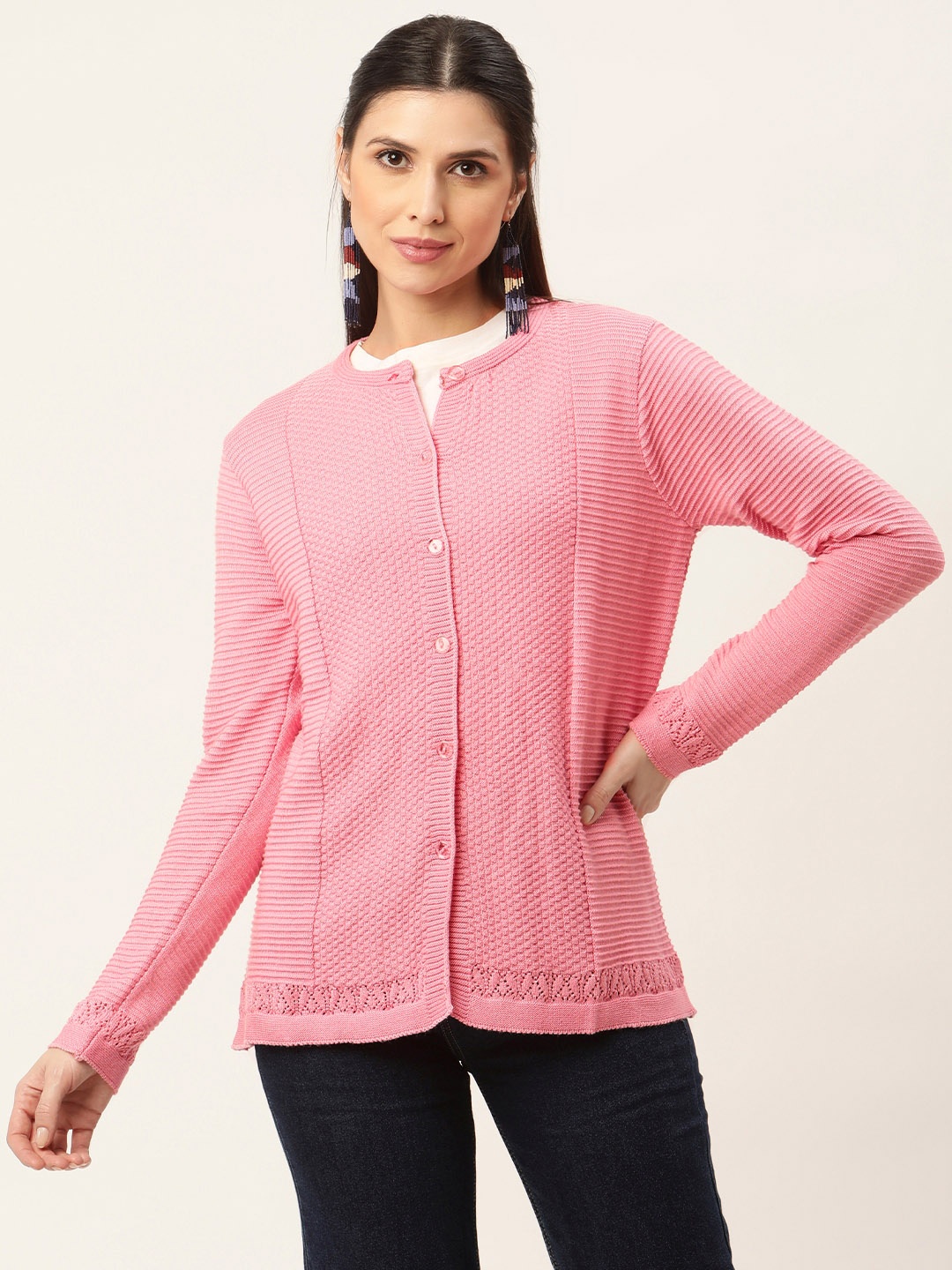 

American Eye Women Pink Self-Design Open Knit Cardigan