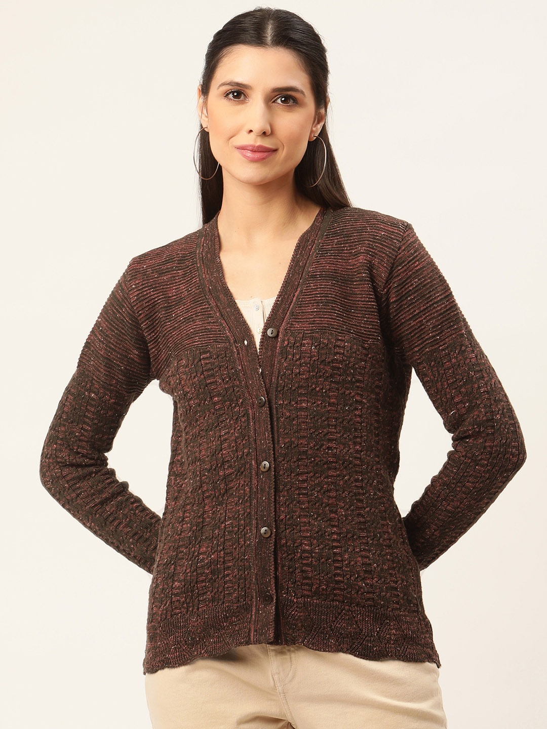 

American Eye Women Olive Green & Red Striped Cardigan