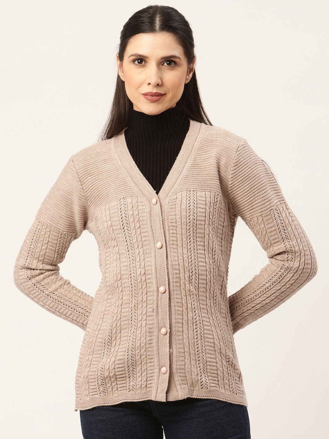 

American Eye Women Beige Self-Design Cardigan