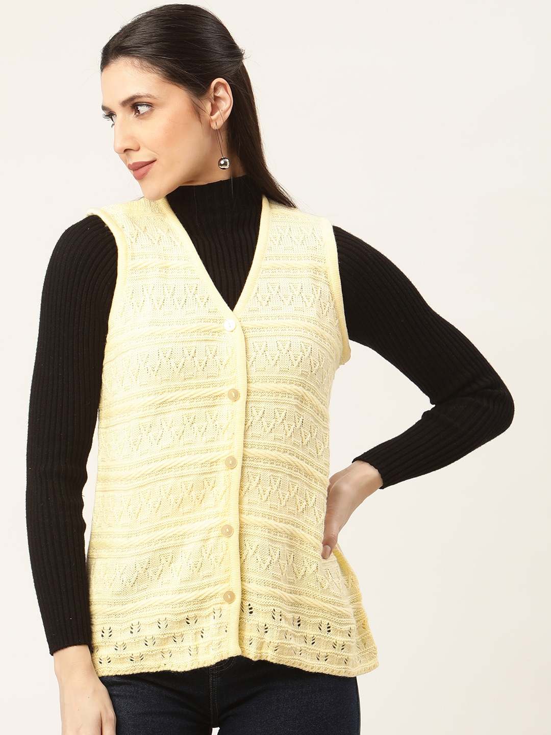 

American Eye Women Off White Self-Design Cardigan
