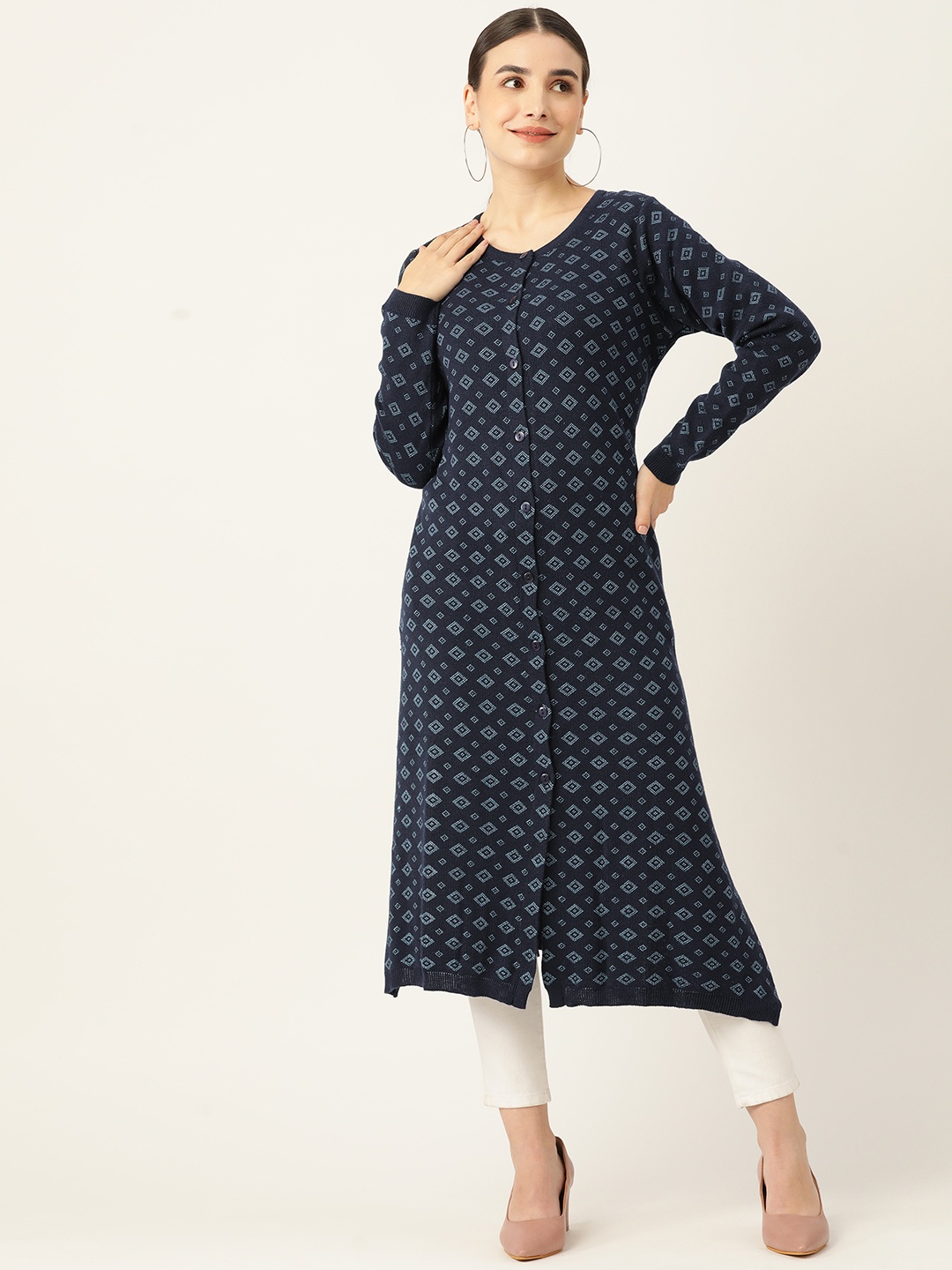 

American Eye Women Navy Blue Geometric Striped Acrylic Winter Kurta