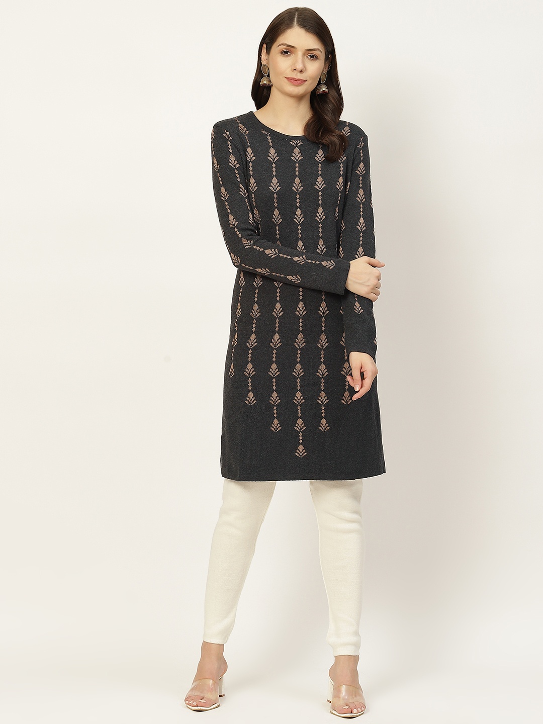 

American Eye Women Charcoal & Gold-Toned Ethnic Motifs Kurta