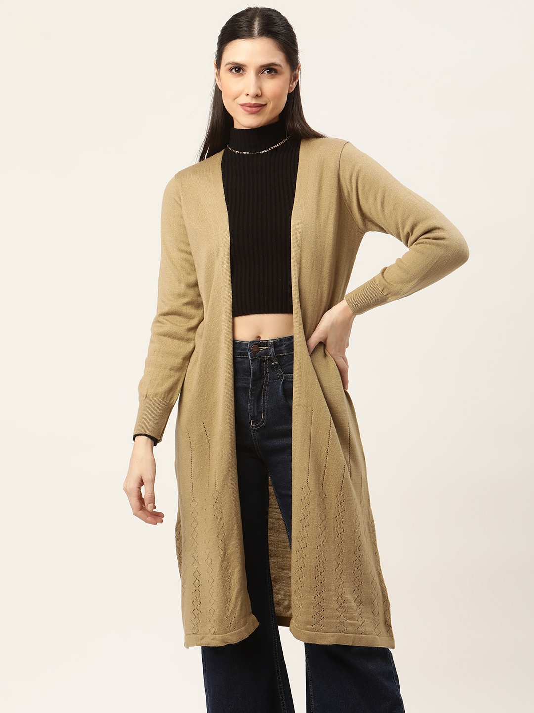 

American Eye Women Beige Longline Front Open Sweater