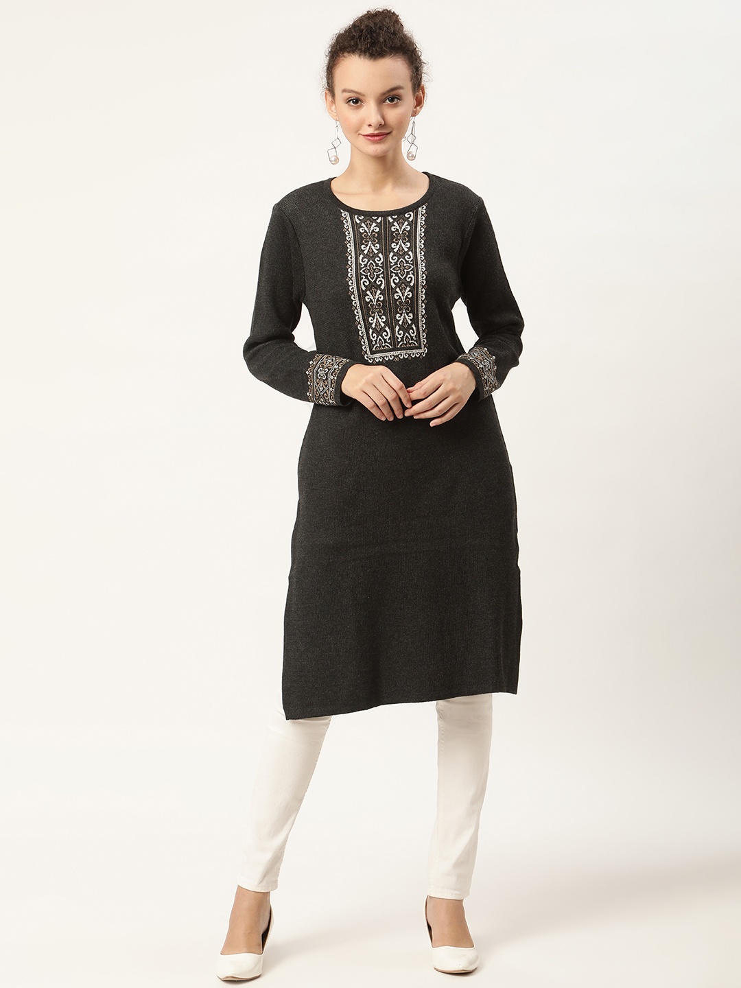 

American Eye Women Charcoal & White Floral Printed Kurta