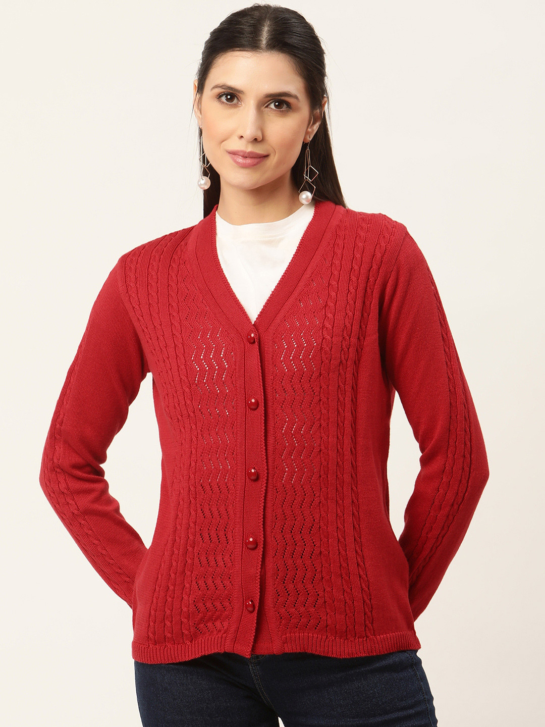 

American Eye Women Red Cable Knit Cardigan