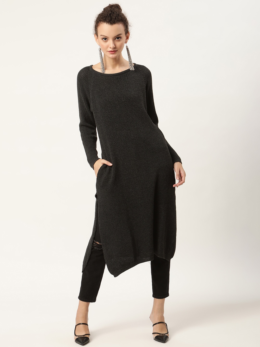 

American Eye Women Charcoal Grey Straight Winter Kurta