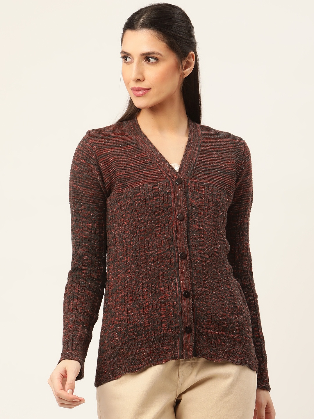 

American Eye Women Charcoal Grey & Rust Red Cable Knit Cardigan