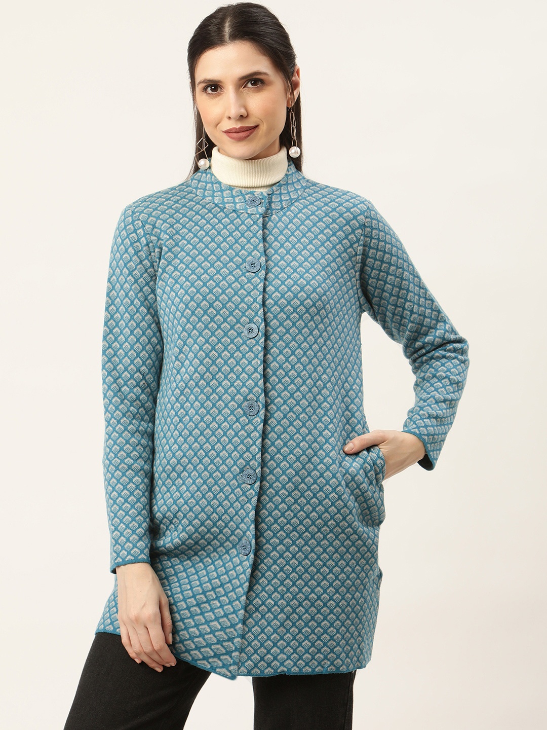 

American Eye Women Turquoise Blue & Grey Woven Design Longline Cardigan