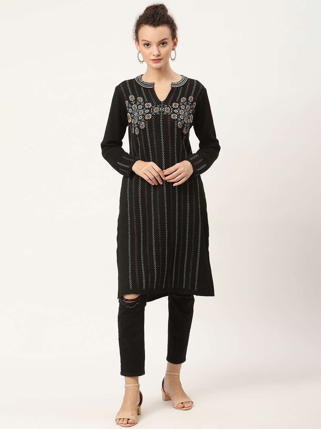 

American Eye Women Black & Beige Striped Winter Kurta
