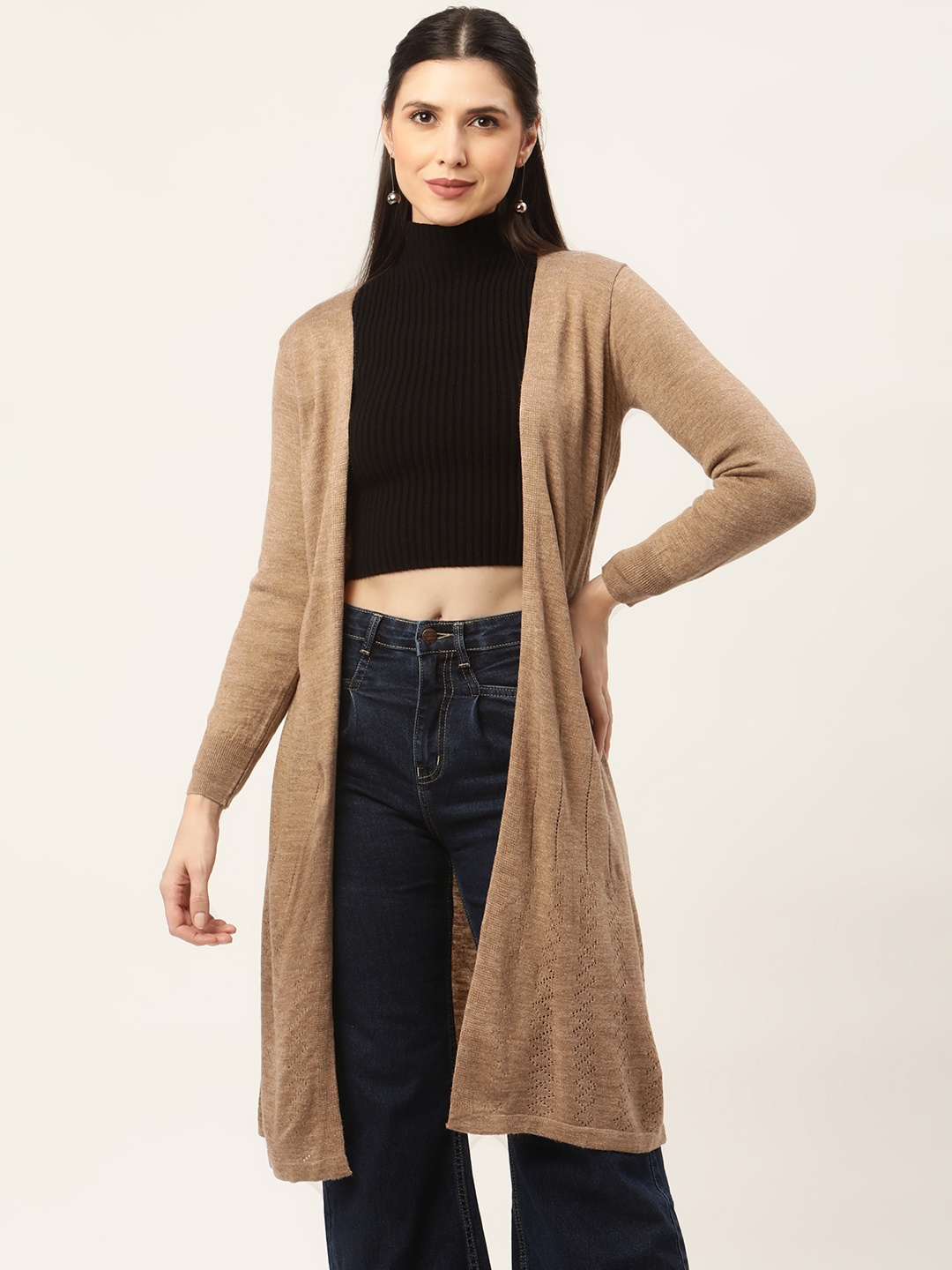 

American Eye Women Beige Solid Longline Shrug