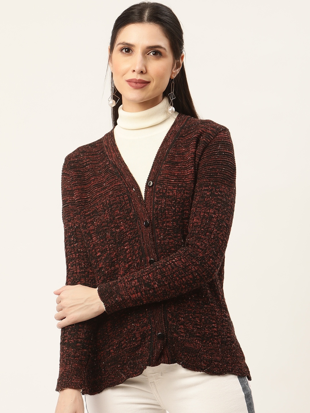 

American Eye Women Black & Red Cable Knit Cardigan