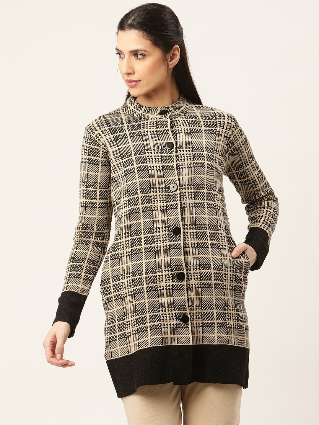 

American Eye Women Beige & Black Checked Longline Cardigan
