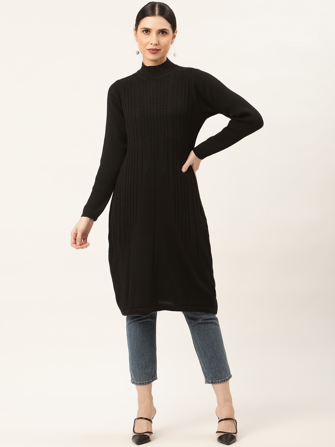 

American Eye Women Black Self-Striped Longline Pullover