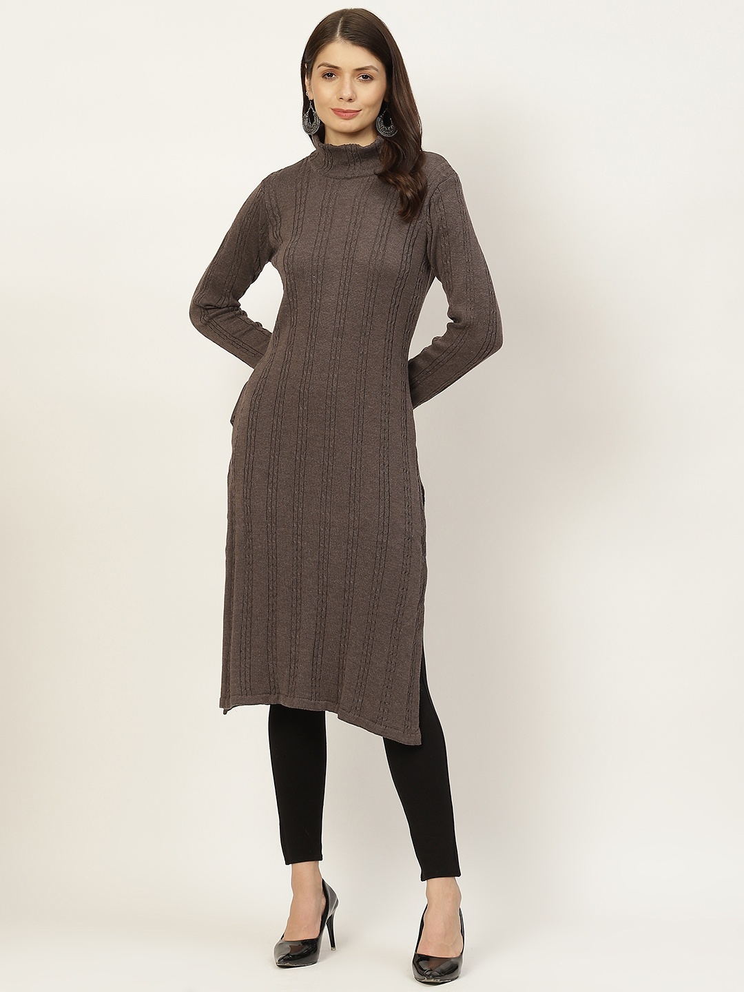 

American Eye Women Coffee Brown Cable Knit Woollen Kurta