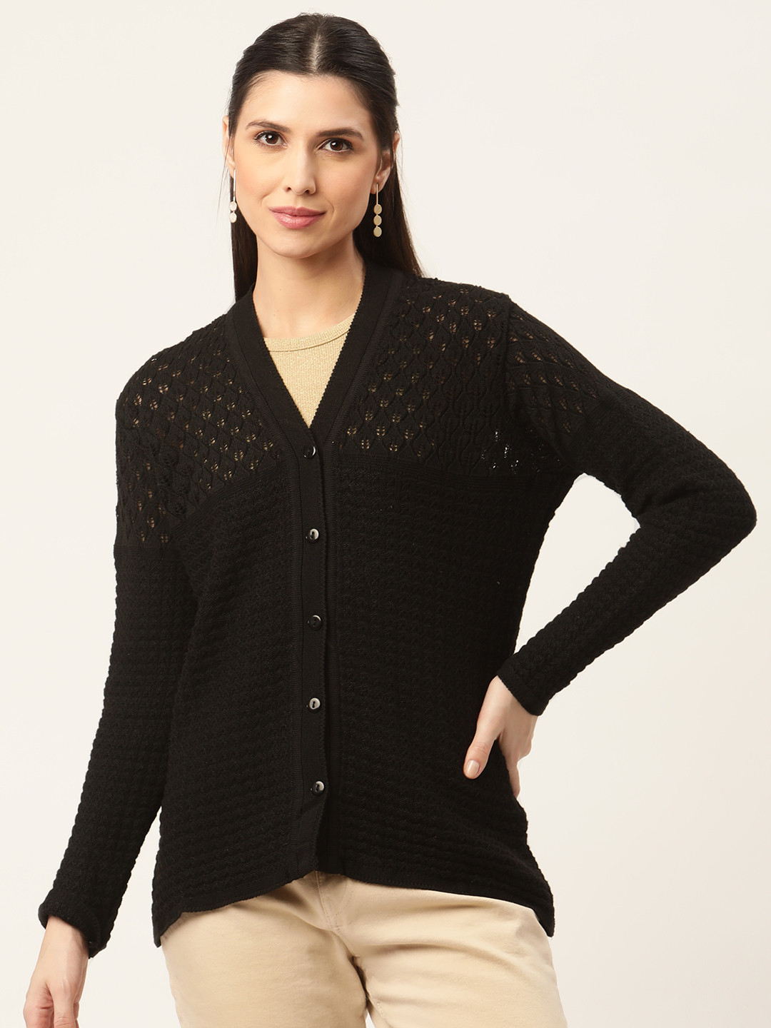

American Eye Women Black Self-Design Cardigan