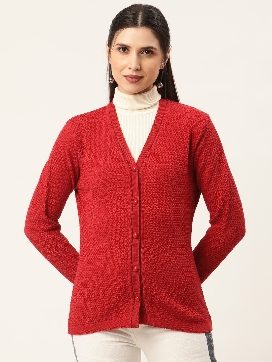 

American Eye Women Red Self-Design Cardigan