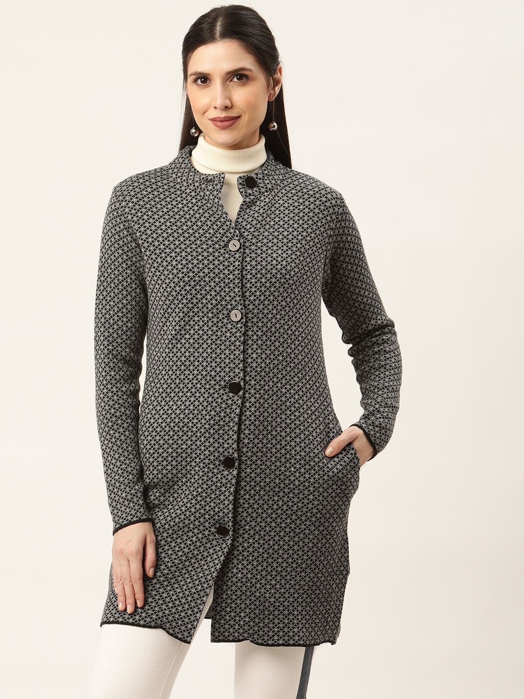 

American Eye Women Black & Grey Self-Design Longline Cardigan