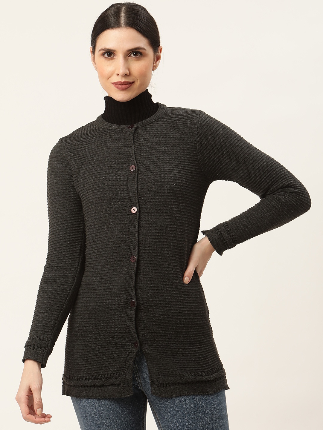 

American Eye Women Charcoal Grey Ribbed Longline Cardigan