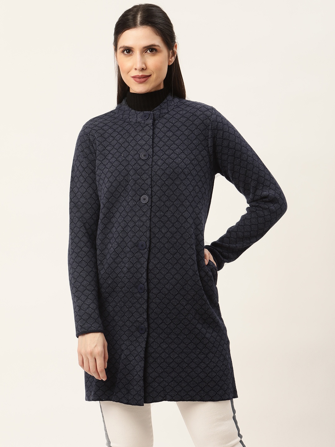 

American Eye Women Navy Blue Geometric Self Design Longline Cardigan