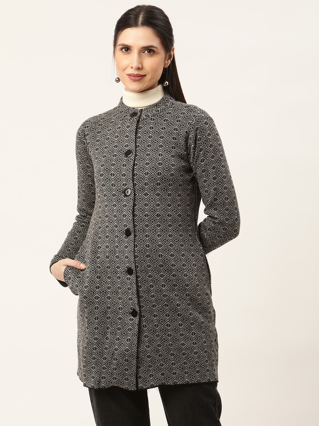 

American Eye Women Grey Melange & Black Woven Design Cardigan