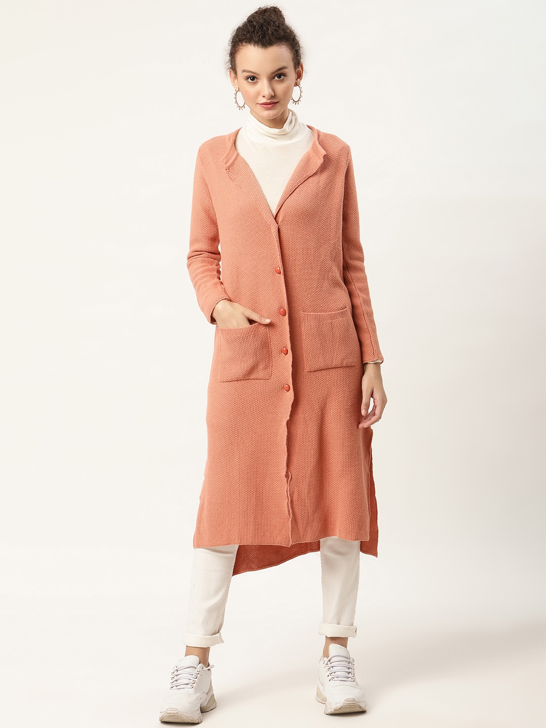 

American Eye Women Peach-Coloured Solid Longline Cardigan