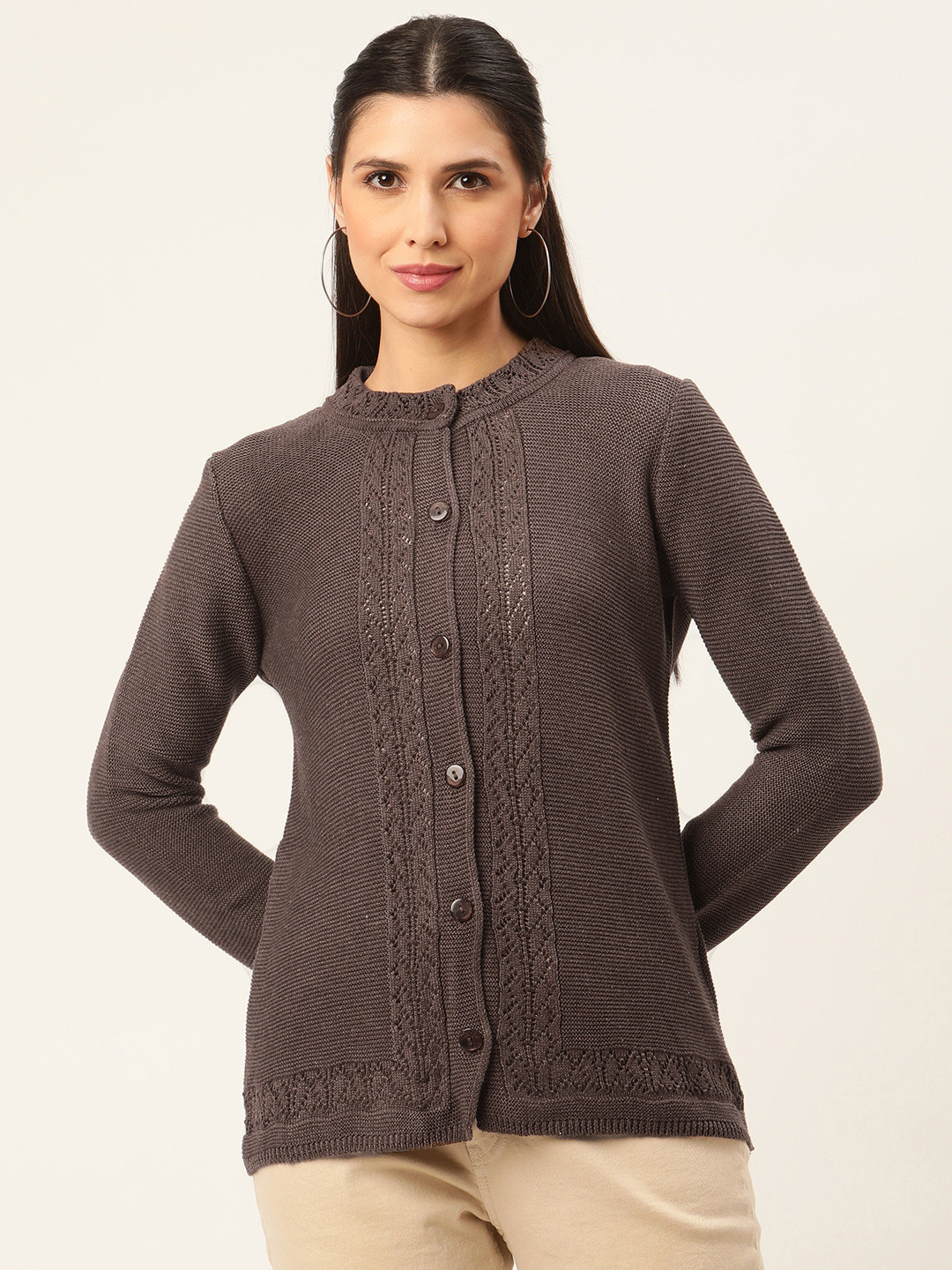 

American Eye Women Brown Solid Cardigan with Embroidered Detail