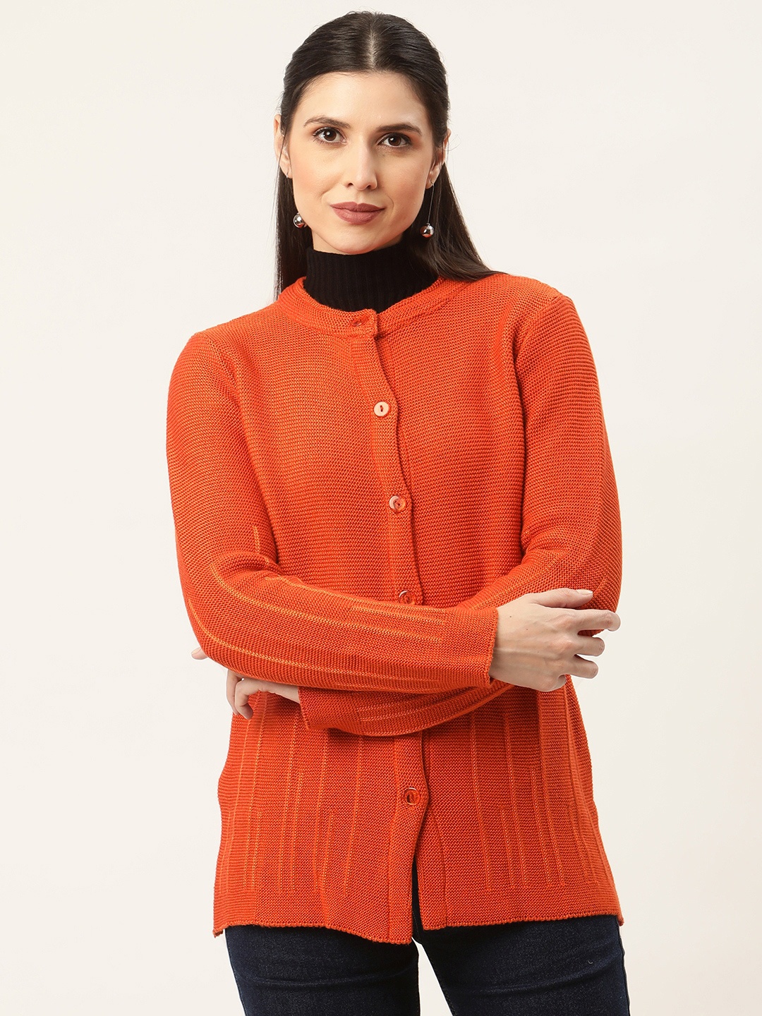 

American Eye Women Orange Solid Longline Cardigan